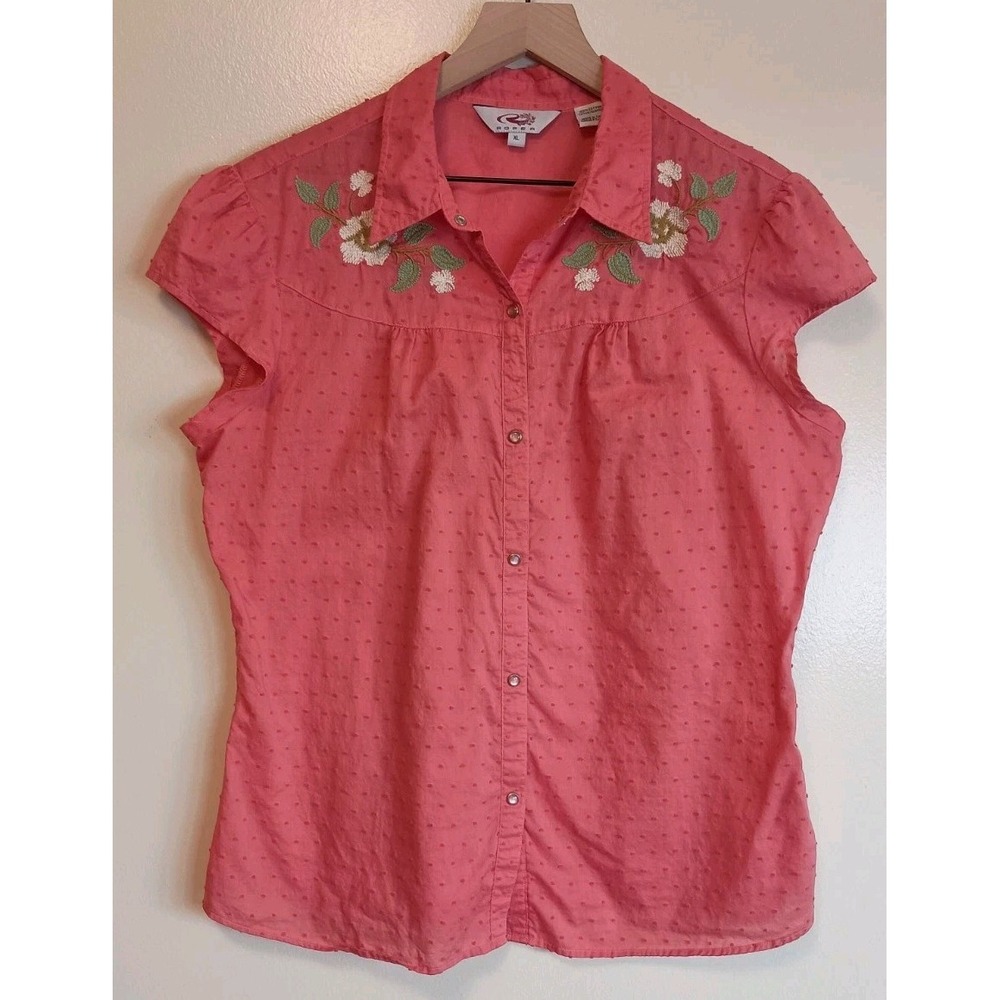 Roper Women's XL Coral Pink Swiss Dot Embroidered Floral Western Snap Shirt